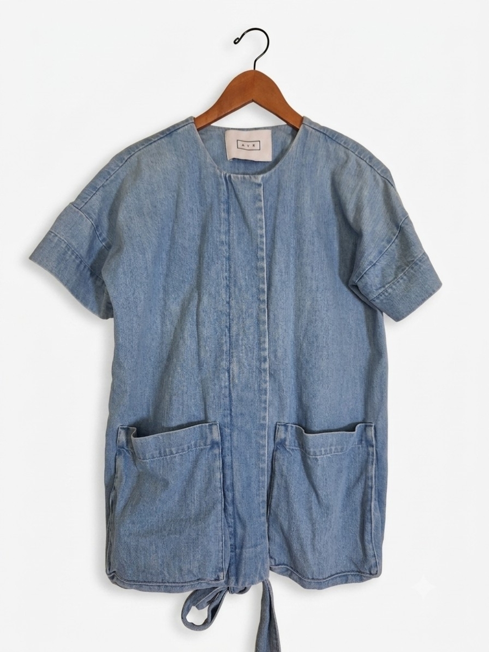 AYR Blue Denim Short Sleeve Top Jacket Shacket Utility Tie Waist Pocket